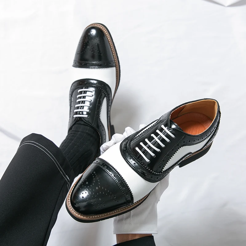 

Fashion Color Blocked Men's Oxford Shoes Classic Retro Style Leather Brogue Shoes Brand Business Comfortable Soft Leather Shoes