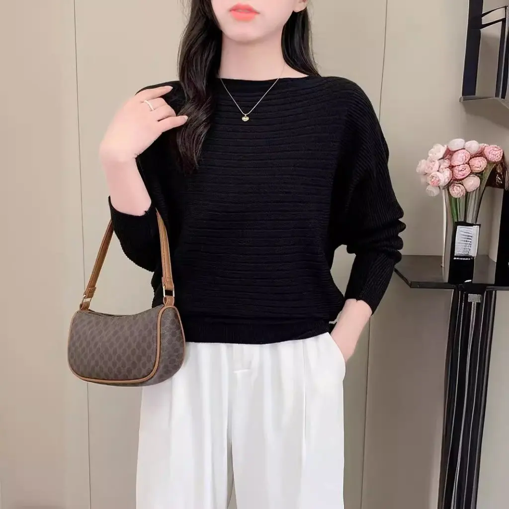 

Women's Batman Knitted Sweater Long Sleeve Red Top Loose Fit One-character Neck Base Shirt for Spring And Autumn
