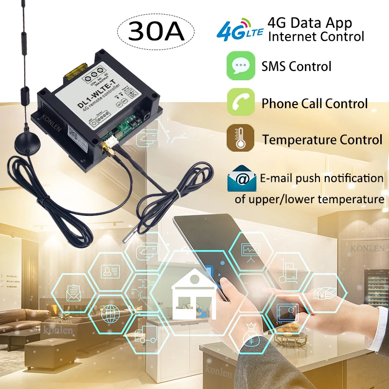 4G LTE GSM Relay Temperature Remote Controller 30A Smart Home Power Switch SIM Card Thermometer Sensor APP SMS Control Module