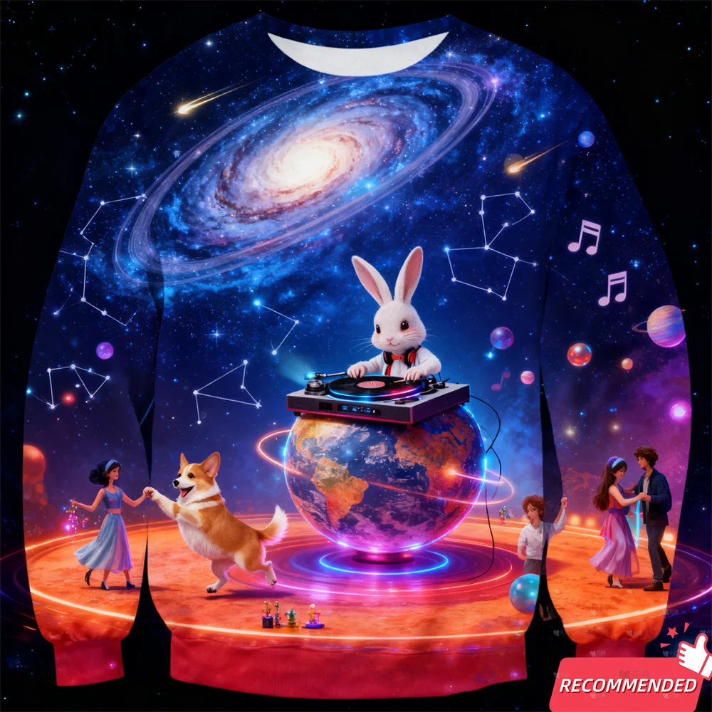 Space Animals Ugly Christmas Sweater For Men Clothing Funny Food Dog Shark Sweater Xmas Holiday Crew Neck Sweatshirt Jumpers Top