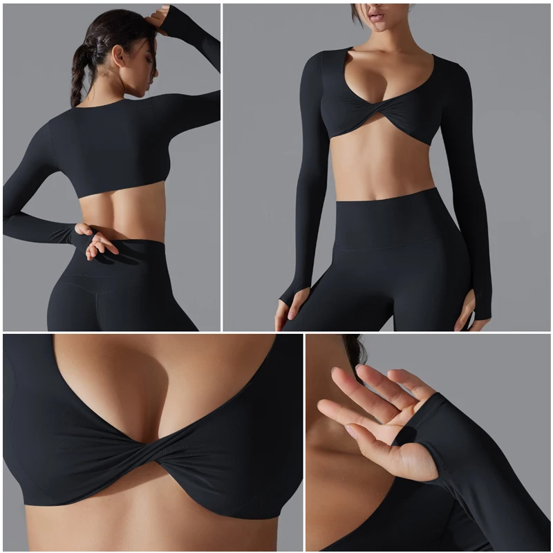 VITALINOVO Langarm Gym Crop Tops für Frauen Twist Deep V Workout Crop T-Shirt Top Schnell trocknend gepolstert Sport Fitness Yoga Top – Detail 26