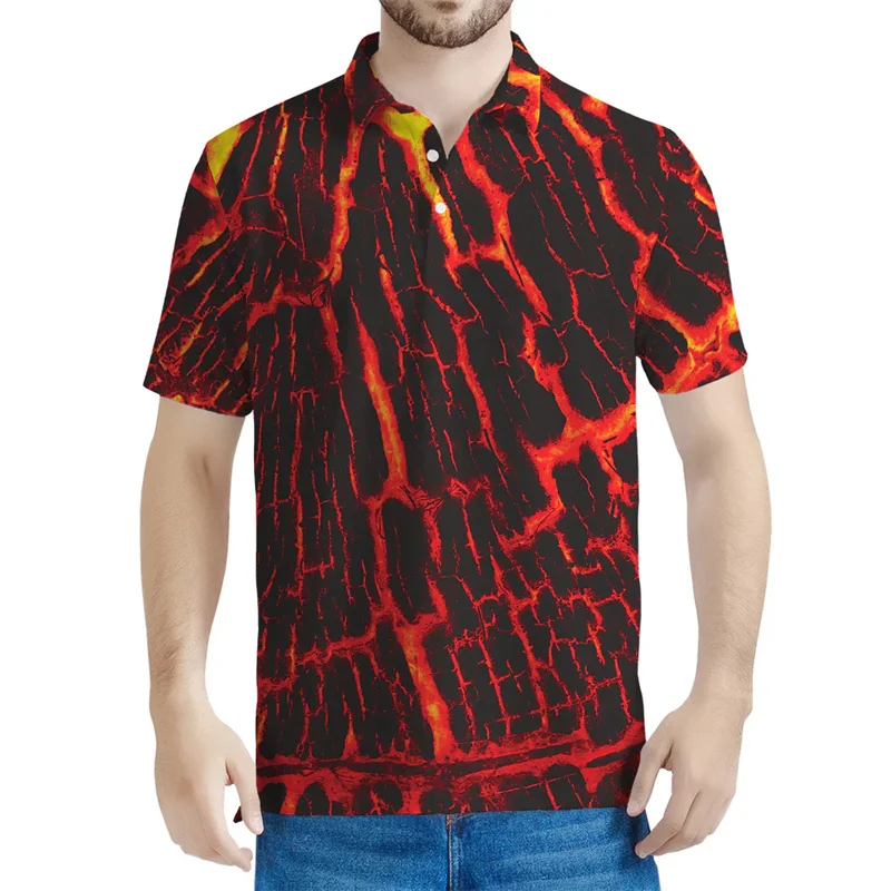 3D Printed Lava Polo Shirt For Men Personality Volcano Graphic Tee Shirts Lapel Short Sleeve Tops Streetwear Button T-shirt