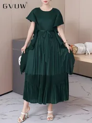 GVUW Pleated Party Dress Women Ruffles Fashion Short Sleeves Belt Gathered Waist A-line Dresses Elegant Summer New 32C1049