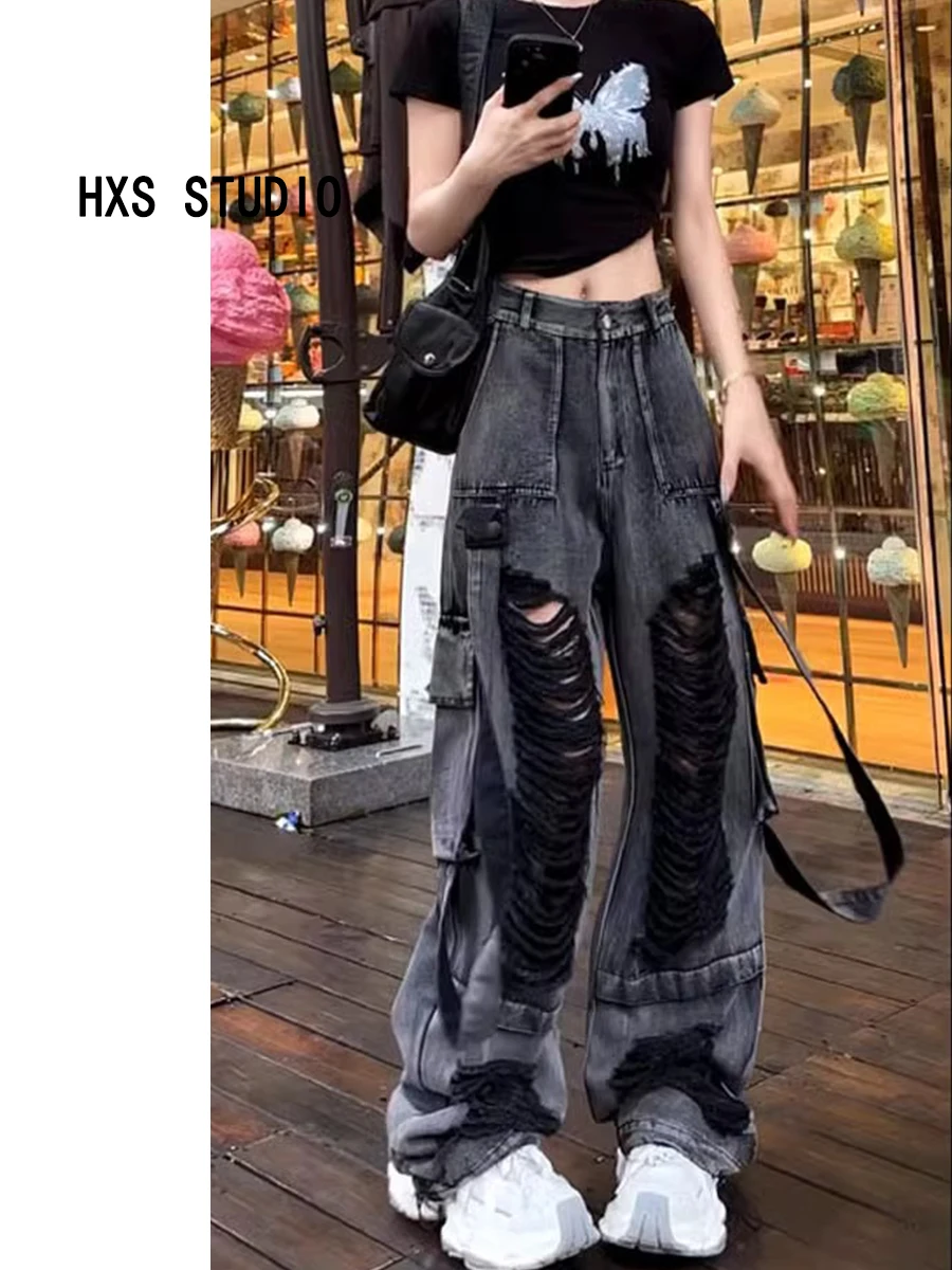 

Retro American Bla Waed Denim Jeans Women's Loose Wide Leg Floor-Length Pants High Waist Long Trousers Autumn Winter New ...