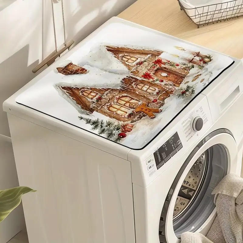 VIKAMA Merry Christmas Gingerbread House Oil Painting Washing Machine Cover Mat Waterproof Dustproof Washer Dryer Pad Home Decor