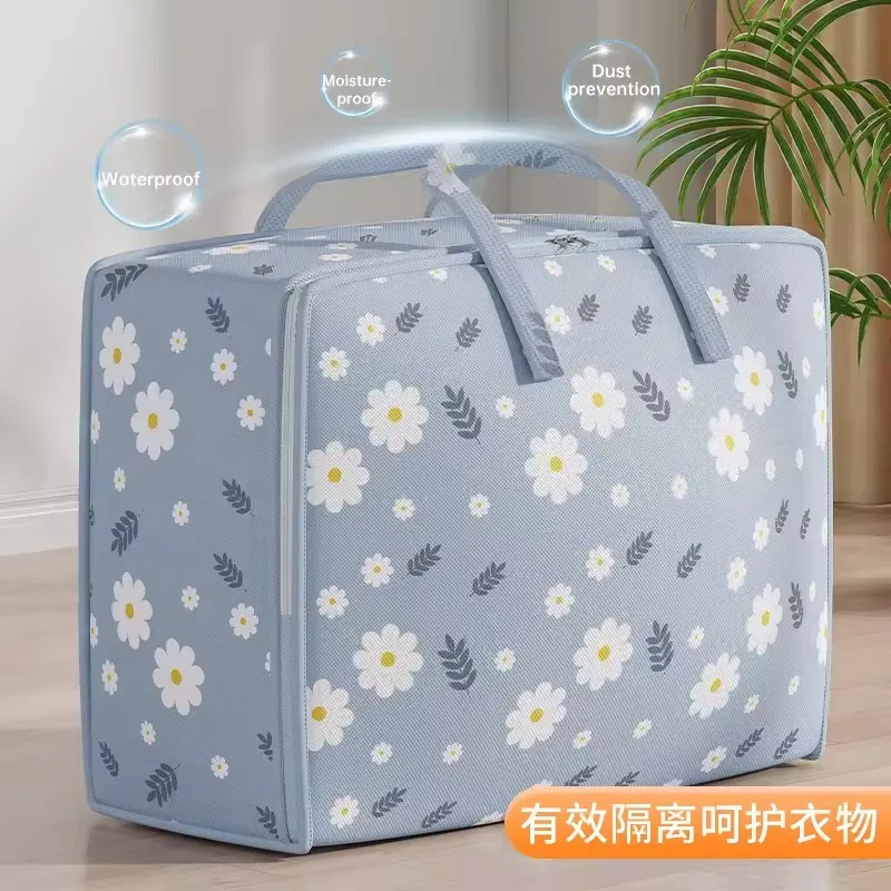 1pc Print Zipper Quilt Storage Bag Zipper Large Capacity Packing Bag Double Handle Moisture-proof Clothes Quilt Storage Bag