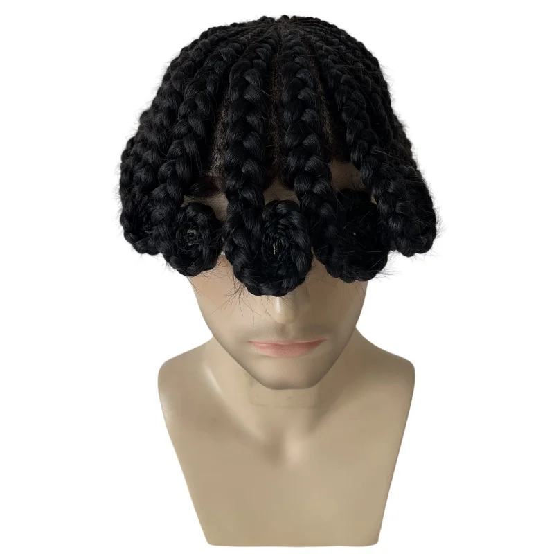 

Indian Virgin Human Hair Replacement #1 Jet Black Cornrow Braids Cake 8x10 VER Toupee Mono with Front Lace Unit for Black Men.