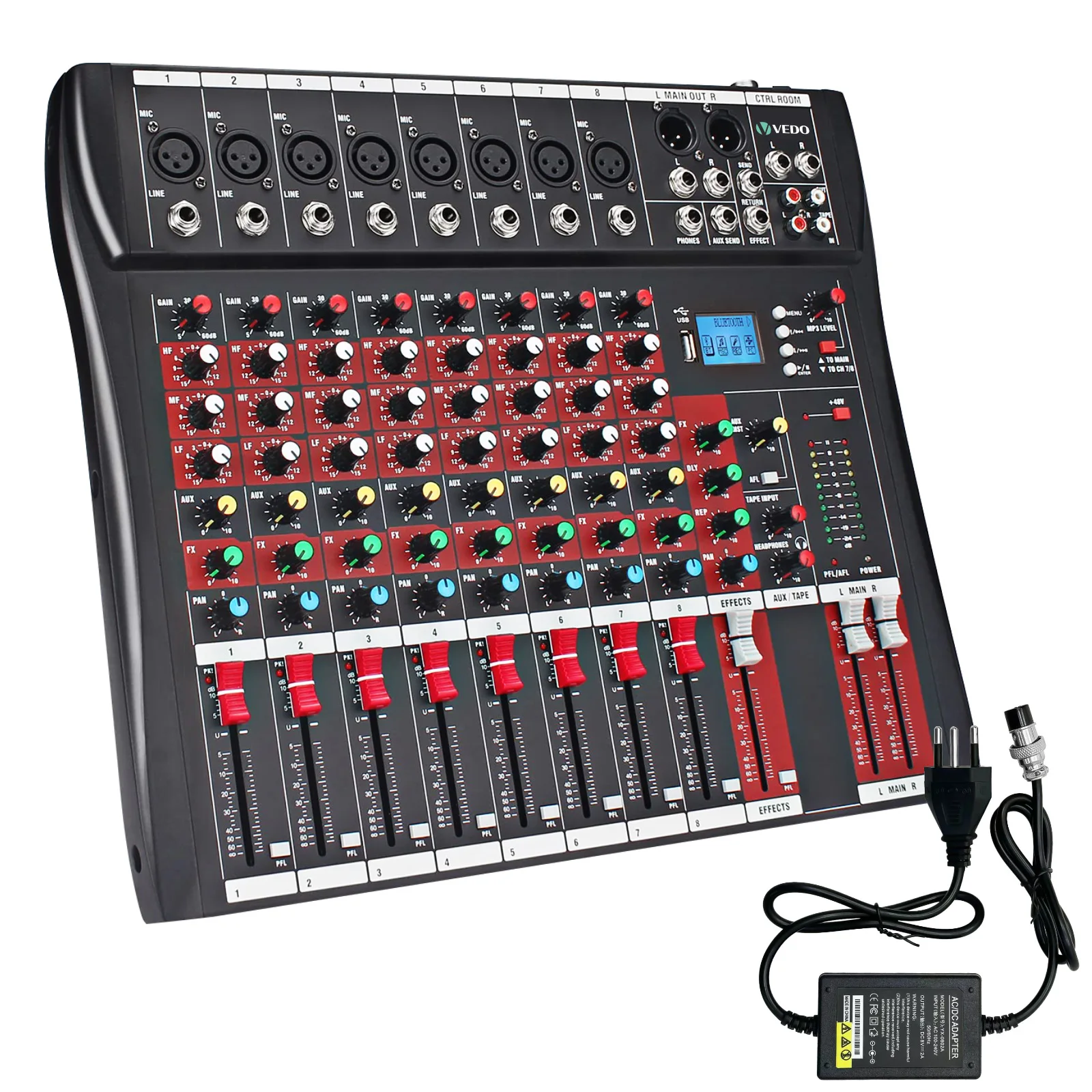 VEDO 8 Channel Professional USB Mixer Audio Sound Mixing Table Card Digital Effects MP3 Player Consoles Computer Stage Recording