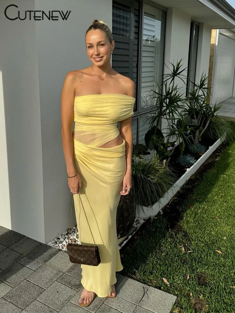 Cutenew Elegant Mesh Patchwork Dresses Women Solid Off Shoulder See Through Waistless Slim Maxi Vestidos Mujer High Street Robe