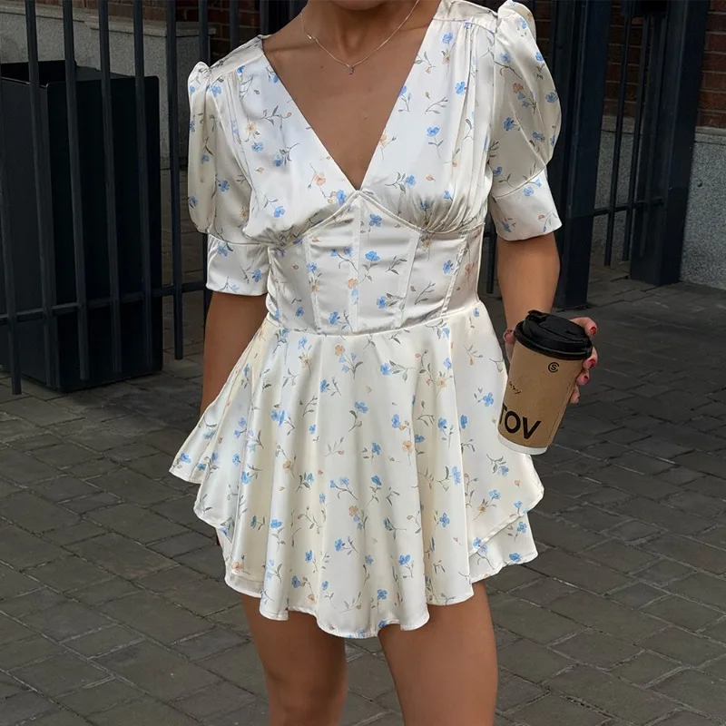 Tuularose Satin Printed Mini Dress Women's Elegant V Neck Puff Short Sleeve Waist-cinching A-line Dress Summer Lady Party Robes