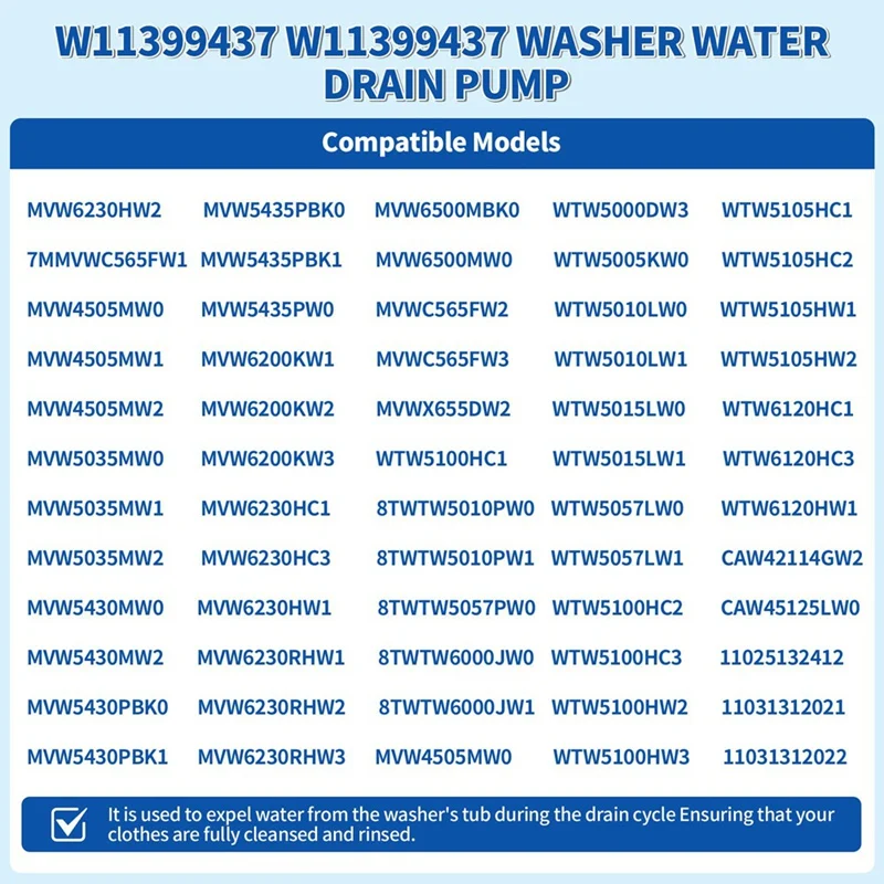 2025 جديد دبليو 11399437   ث 11259498   أجزاء مضخة تصريف الغسالة OEM 120 فولت 60 هرتز 1.2 أمبير لدوامة Maytag Kenmore