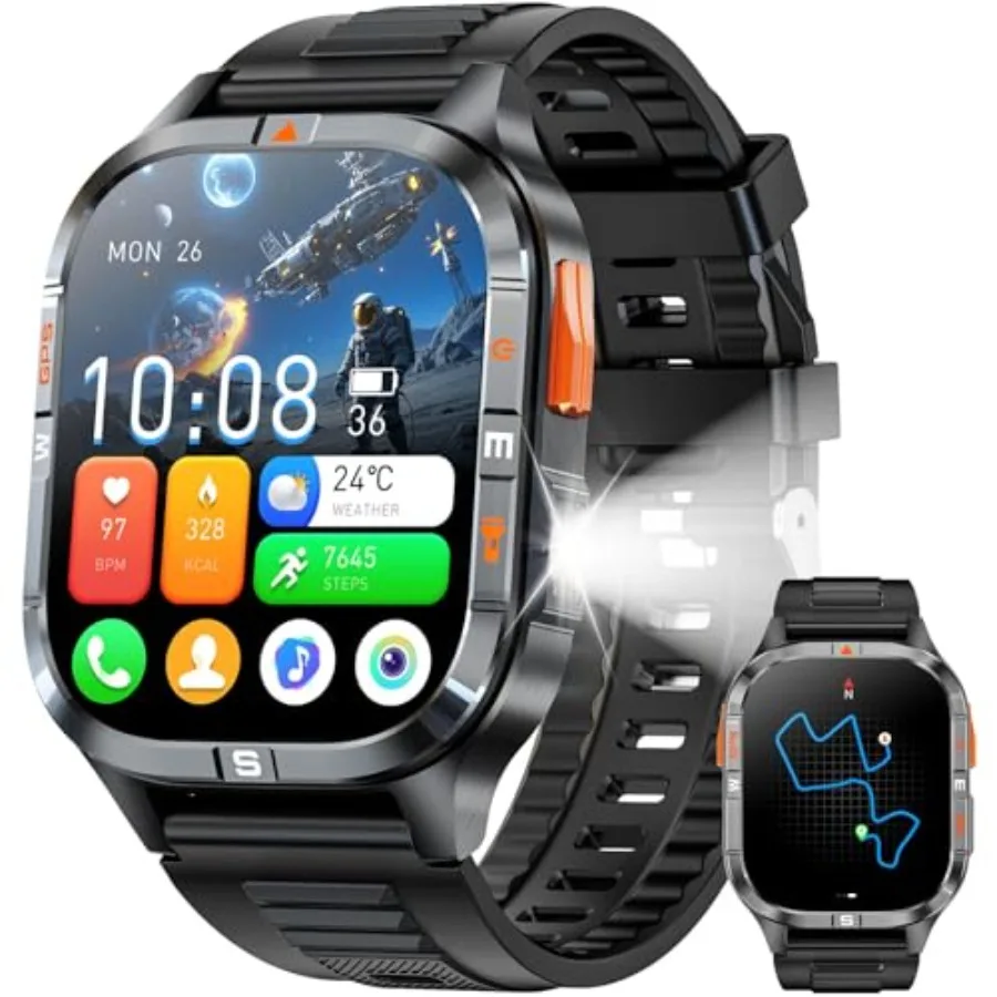 

Военные умные часы с GPS для мужчин, с компасом, фонариком, HD-экраном 2.01 дюйма, голосовым помощником и функцией Bluetooth-звонков