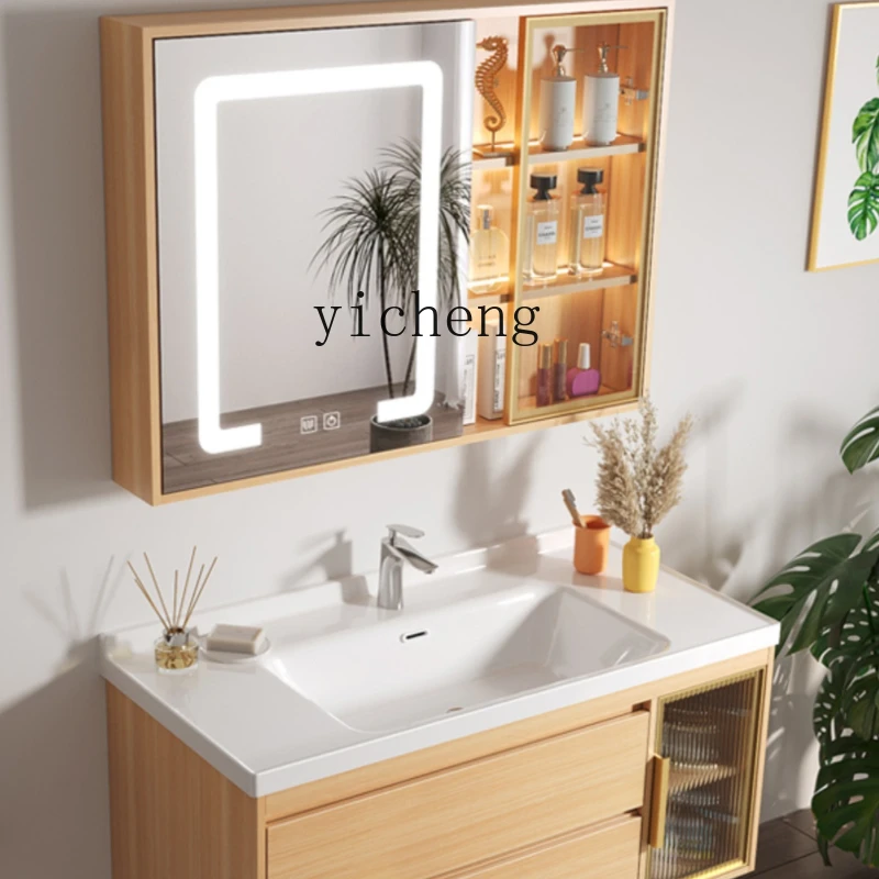 

ZC Solid Wood Bathroom Cabinet Combination Bathroom Ceramic Integrated Hand Washing Washbasin Smart Bathroom Cabinet