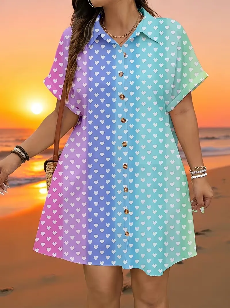 Plus Size Women Dress Fashion Casual Turn-Down Collar Striped Print Shirt Dress Single Breasted Spring Summer Loose Shirt Dress