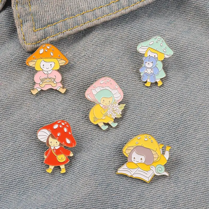 Mushroom Girl Enamel Pin Flower Book Bear Brooch Badges Clothes Lapel Pin Cap Bag Creative Fun Jewelry Gift For Child