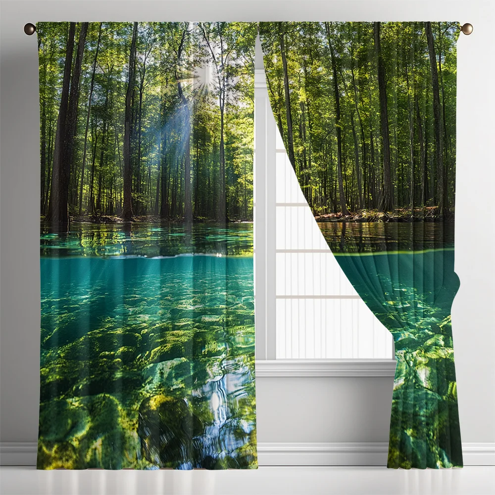 Sunlit Forest & Crystal Clear Underwater Curtains Set of 2 – Split-View Nature Print, Rod Pocket Light Filtering Drapes
