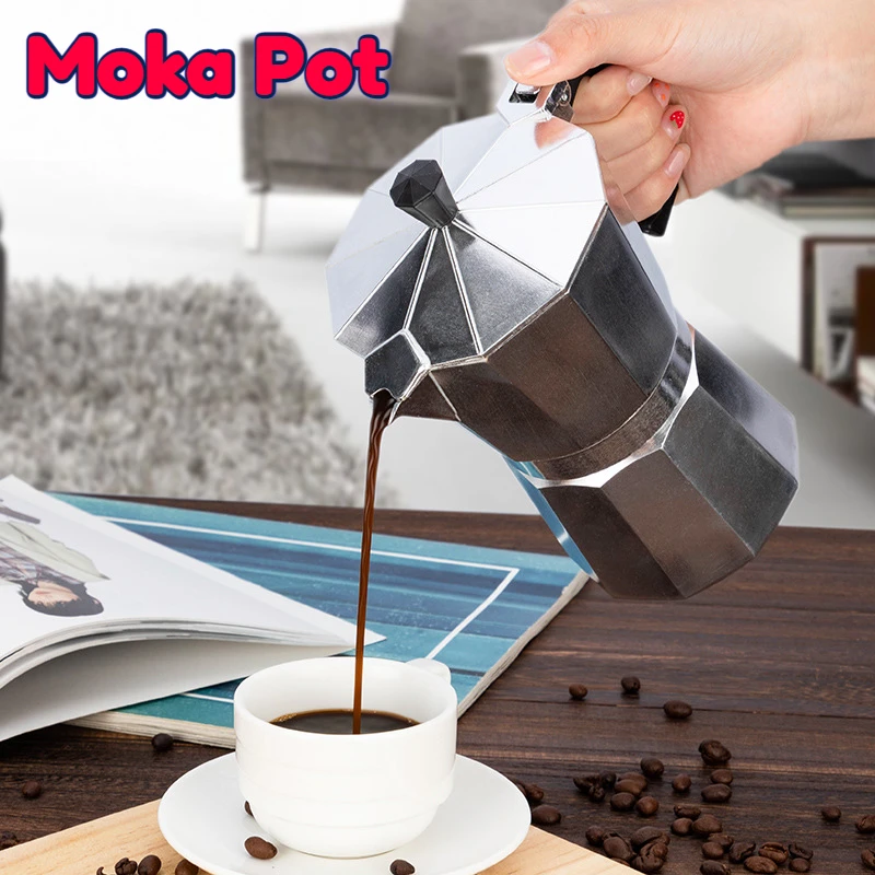 Italian Coffee Machine with Handle Octagonal Aluminium Alloy Coffee Cups Home Applicable Stove Espresso Flat Bottom Moka Pot