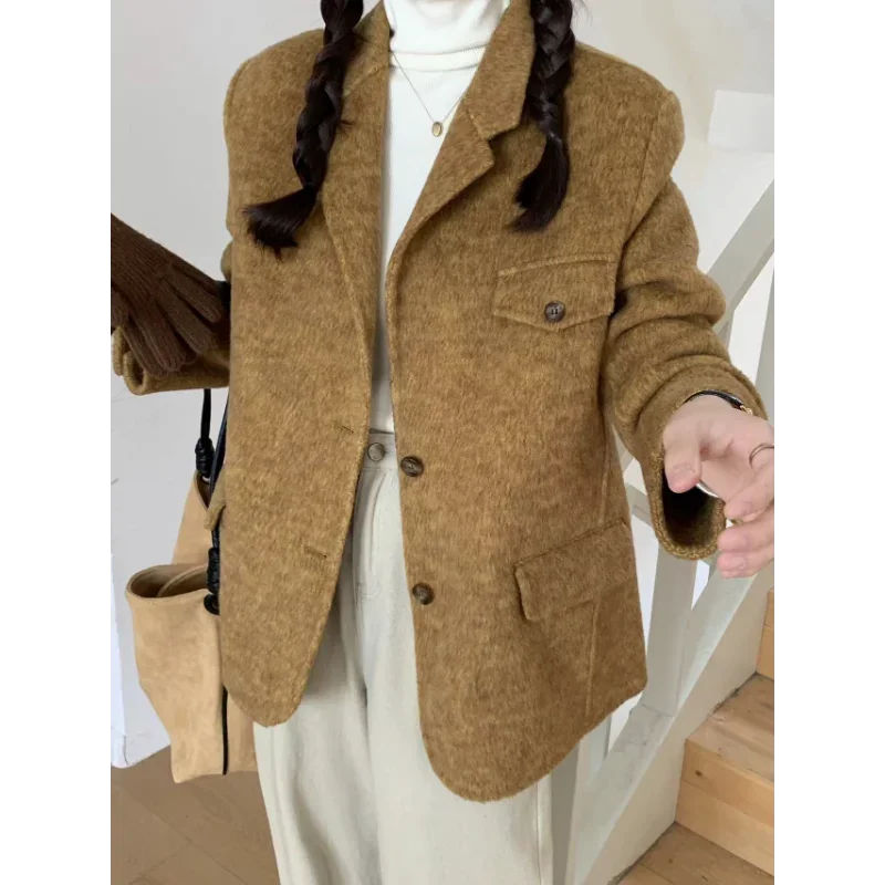 

High Quality Double-sided Wool Blend Casual Suit Jacket Women Fashionable Warm Loose Versatile Khaki White Wool Lady Coat