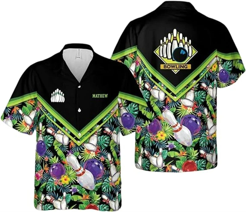 Bowling Team Hawaiian Shirts For Men Clothes Fashion Ball Sport Club Jersey Casual Short Sleeve Lapel Blouse Button Blouses Tops