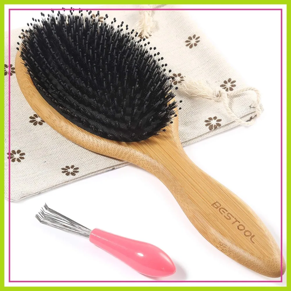 

Natural Bamboo Boar Bristle Hair Brush - Anti Static Paddle Massage Brush for Women Men