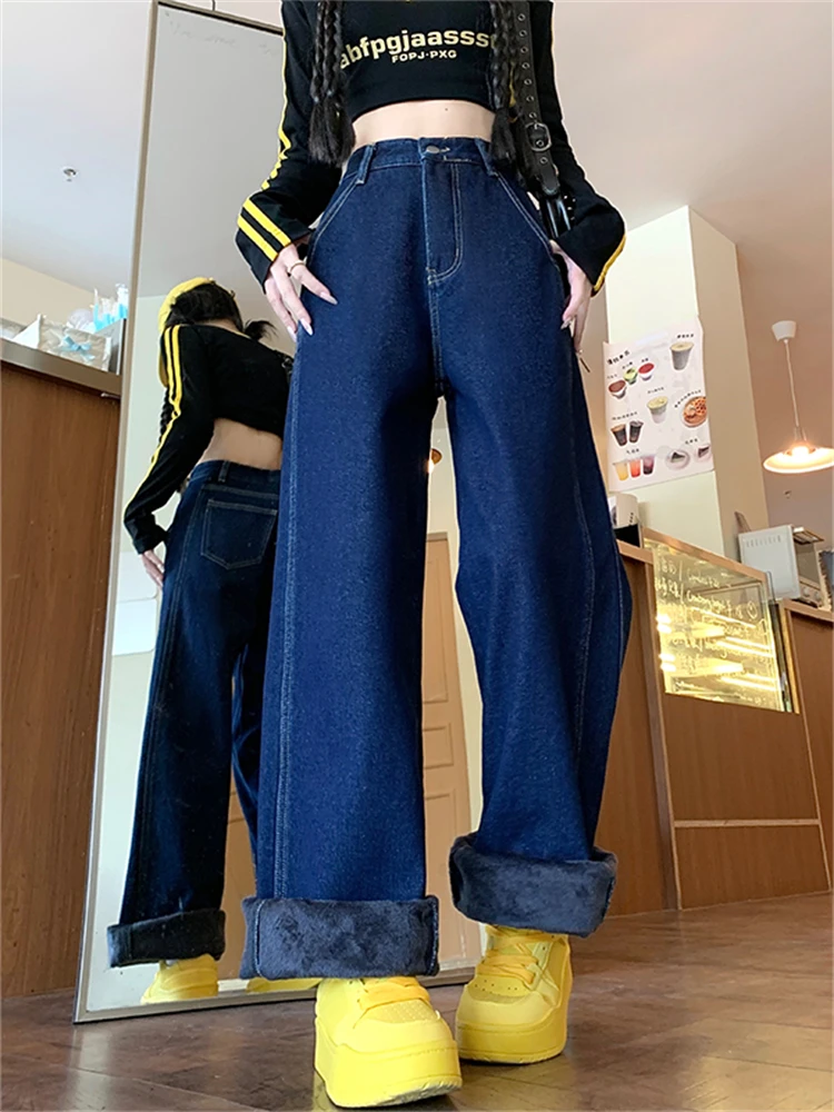 Plus Size Thiened Fce Gefütterte Denim-Jeans mit geradem Bein, hohe Taille, lockere Passform, schlankmachende Hose mit weitem Bein für Damen, Herbst, neue S...