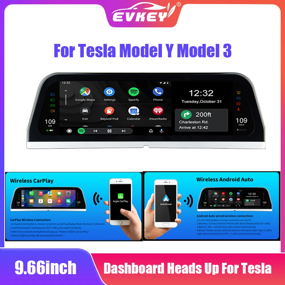 EVKEY 9.66Inch Large IPS Screen Dashboard Heads Up For Tesla Model 3 Model Y Auto HD LCD Meter HUD Power Speed Auto Accessories