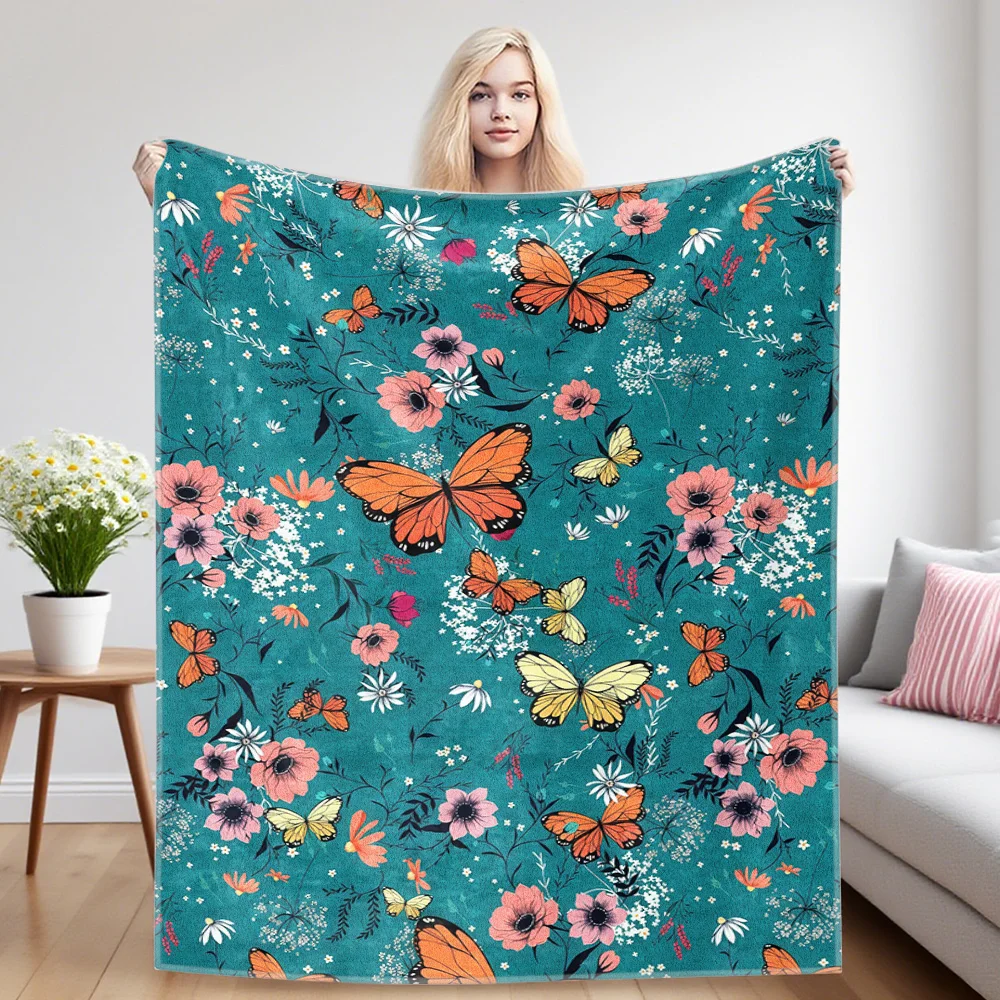Butterfly Bloom Flannel Blanket Warm Soft Halloween Christmas Couch Warm Cozy Decorative Decor Gift for All Season