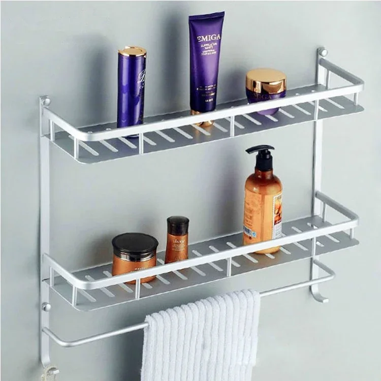 40cm Aluminum Shelves, Two Layer Modern Metal Wall Rack Towel Hooks Washing Shower Basket Shelf Towel Bars Bath Furniture Holder