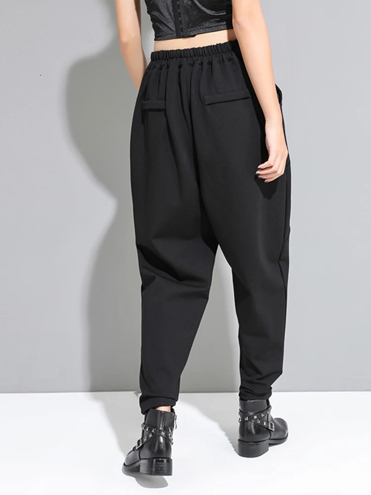 [EAM] High Elastic Waist Black Button Stitch Harem Trousers New Loose Fit Pants Women Fashion Tide Spring Autumn 2024 1D677