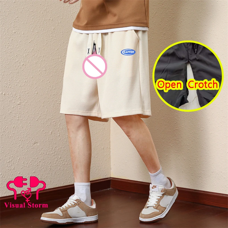 

4XL свободные мужские сексуальные повседневные шорты с открытой промежностью, летние брюки средней длины с завязками, уличные джинсы с застежкой-молнией и вырезами