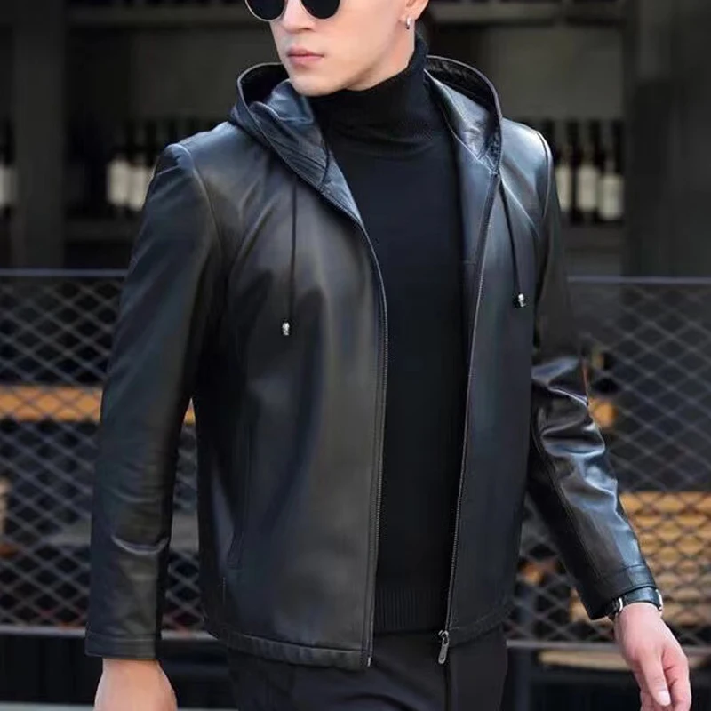 Roupas Maculinas Genuine Leather Jacket For Men Winter Sheepskin Hood Short Leather Coat Hombre Casual Slim Fitting Clothing