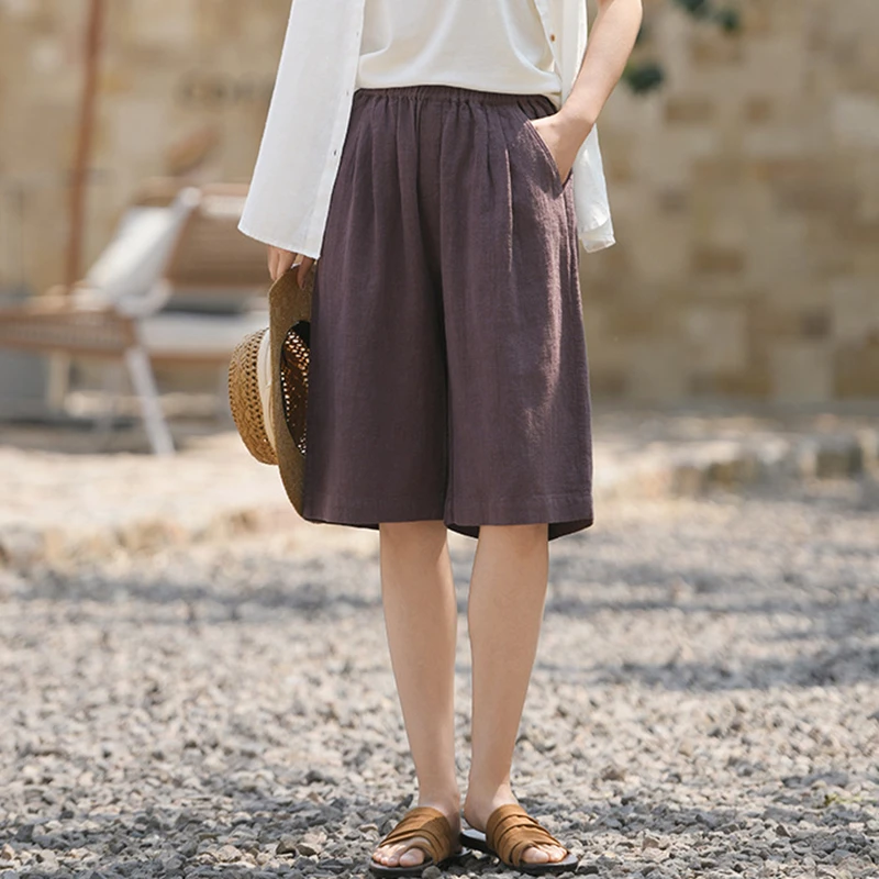 

High Quality Cotton Linen Casual Pants Women New 2026 Summer Vintage Style Solid Color Female Knee Length Wide Leg Pants M2677