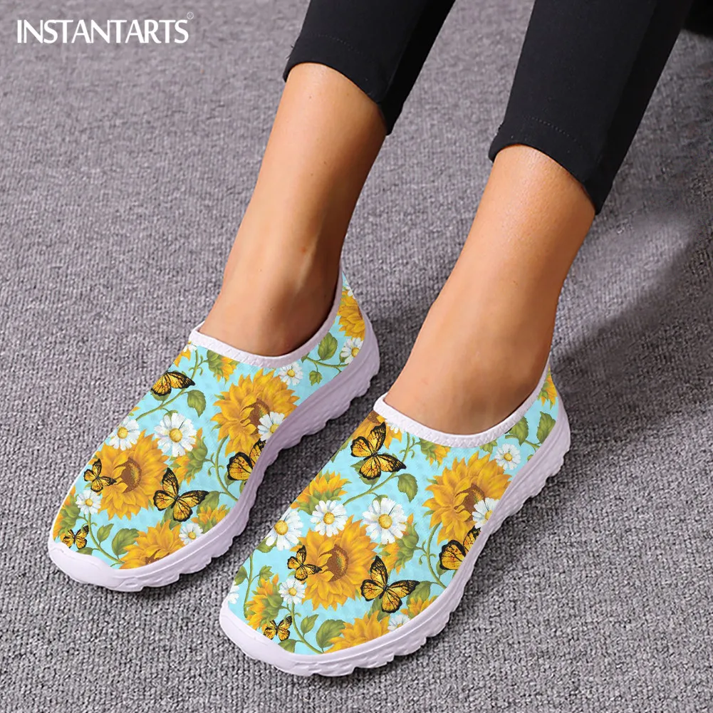 Sunflower Black Prints Women\'s Casual Flats Lightweight Slip-on Mesh Shoes Comfortable Slip-on Tennis Shock Absorption Footwear