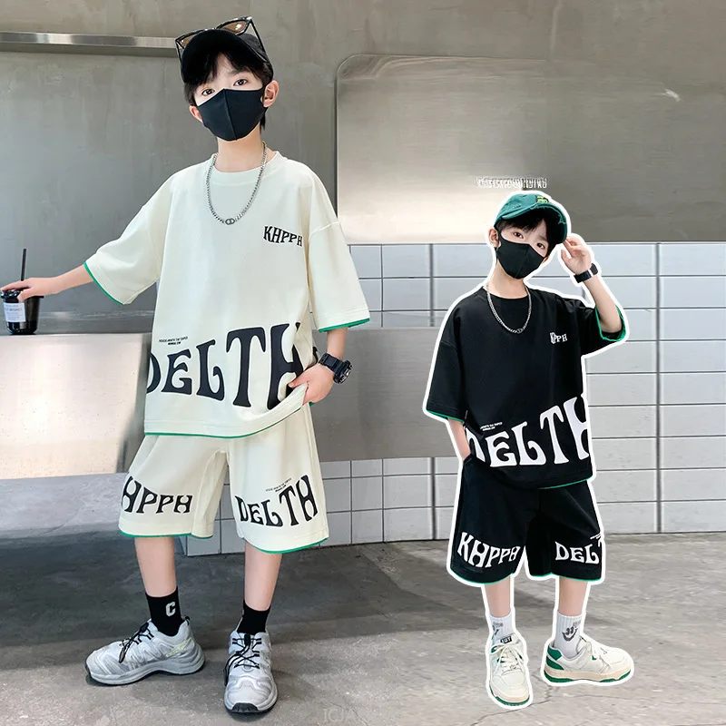 Boys Summer Letter Print Tee Shorts Two Piece Set New Big Kids Casual Wear Outfit Everyday Wear Simple Style Matching Children