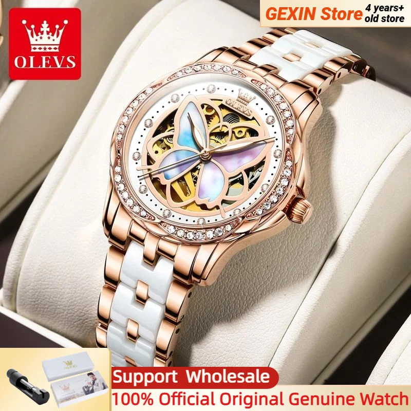 OLEVS Elegant Ladies Watches Ceramic Blue strap Original Wristwatch Skeleton Automatic Diamond Mechanical Watch for Women Set