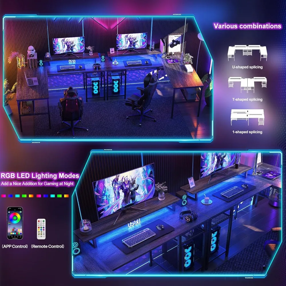 L Shaped Computer Desk with Magic Power Outlets and Smart LED Light, Reversible Office Corner Desk with Ergonomic Monitor Stand