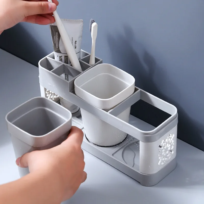 

Simple Wash Cup Tooth Brush Holder Set Creative Family Couple Mouthwash Cup Home Dental Set with Two Cups Bathroom Organizer