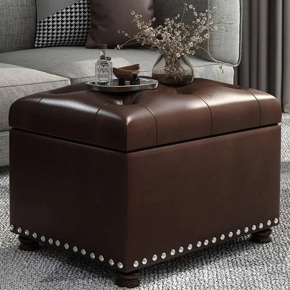 24'' Leather Storage Ottoman Rectangular Foot Rest Stool with Nailhead Trim for Bedroom Living Room(Dark Brown)