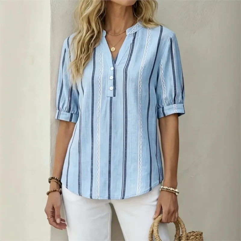 Women Casual Shirts V Neck Short Sleeve Shirts For Women Summer Striped Loose Elegant Blouse Vintage Fashion Female Tops