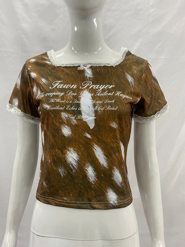 

Y2K Sweet Cool Spicy Girl с узором оленя, комплект из двух предметов, тонкие шорты с кружевным бантом и короткими рукавами, комплект с принтом INS