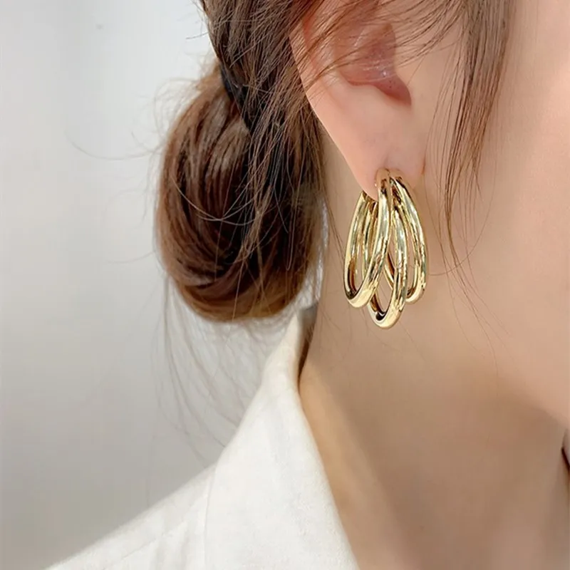 Three-layers Gold Color Women Dangle Earrings C-shaped Hollow Tube Metal Drop Earrings Personality Punk Ear Jewelry Party Gifts