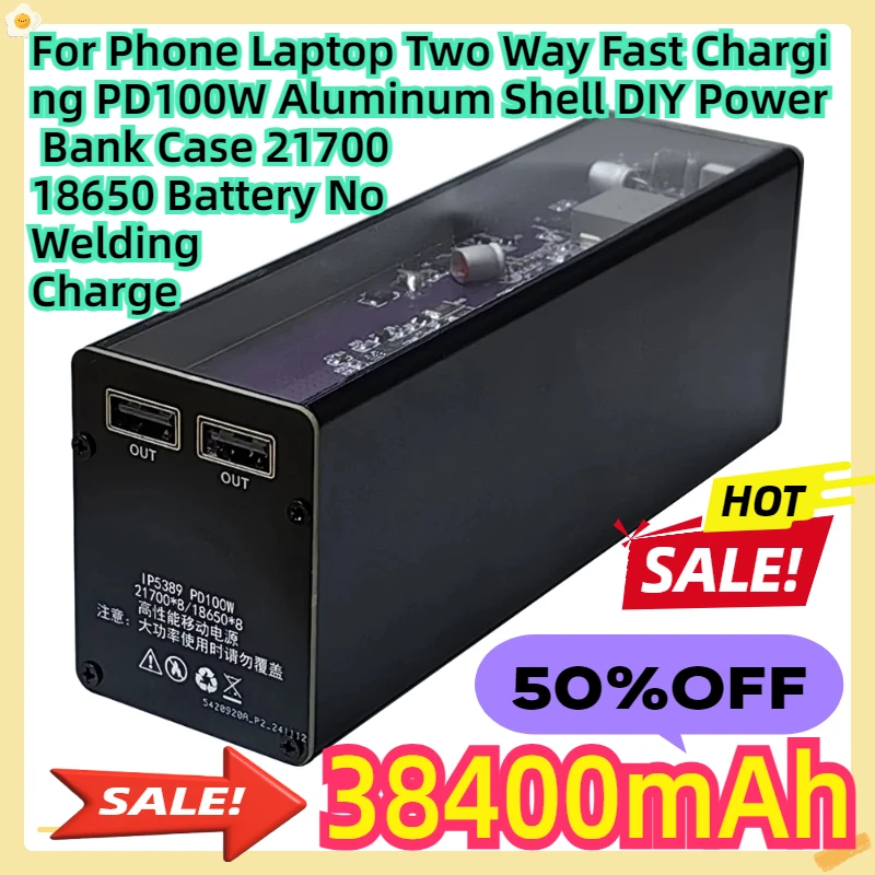 For Phone Laptop Two Way Fast Charging PD100W Aluminum Shell DIY Power Bank Case 21700 Battery No Welding 38400mah Charge