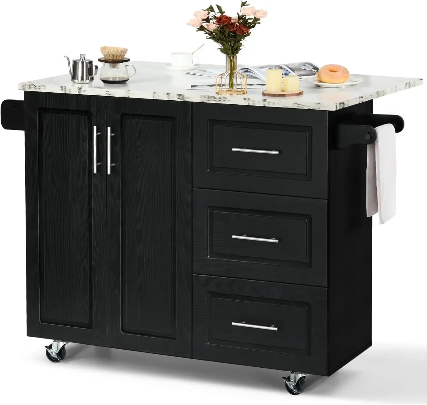 

4 EVER WINNER Kitchen Island with Storage, White Marble Tabletop, Rolling Kitchen Island Cart on Wheels with Drop Leaf Breakfast