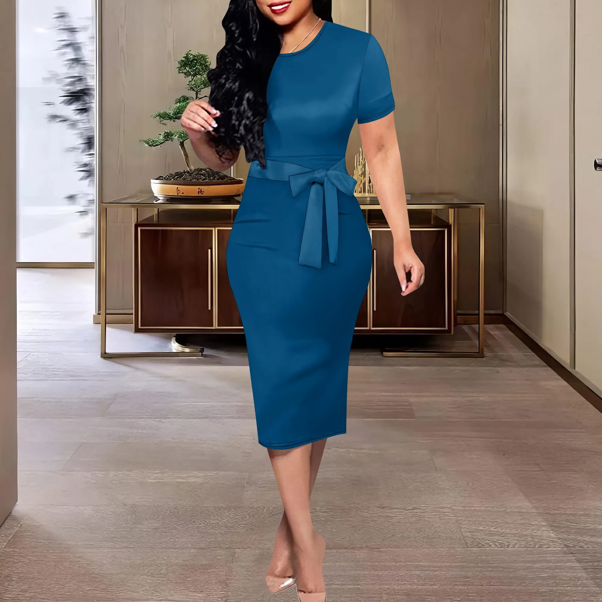 

Women's Formal Solid Color Sexy Bodycon Work Dresses Summer Short Sleeve Elegant Cocktail Party Midi Dress with Belt