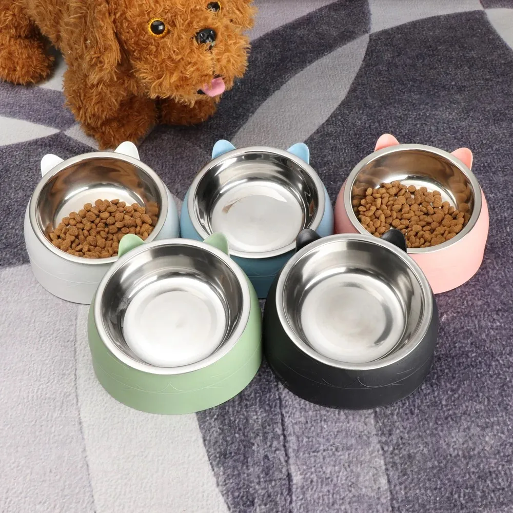 Pet Dog Feeding Bowl Stainless Steel Protect Cervical Anti-slip Durable Food Single Dish Drinking Tray Feeder for Dogs Cat Bowls