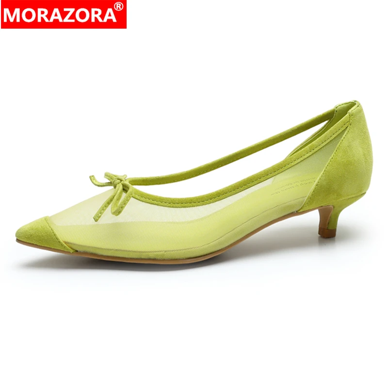 

MORAZORA 2026 Новые женские туфли-лодочки из замши с острым носком, бантом и сеткой, весенне-летние, модные, для вечеринок и свадеб