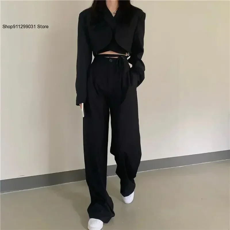 Women Sexy New Chic Crop Blazer Jacket &High Waist Trousers Suits Wide Leg Pants Outfit 2-Piece Set Fashion For Female Summer