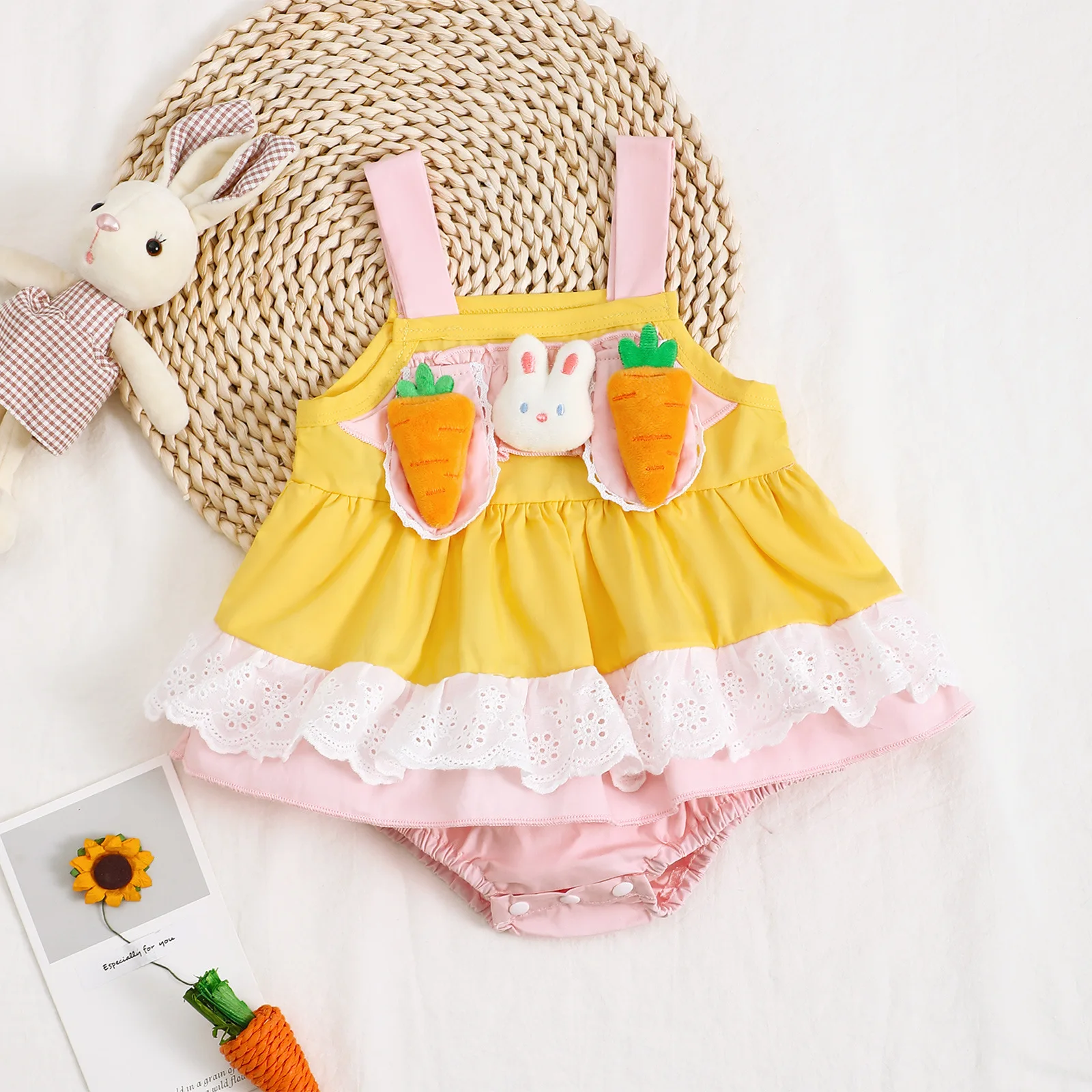Baby Girl's Sleeveless Dress Easter Rabbit And Carrot Patterned Toddler Clothing Spring Festival Outfit for Infants