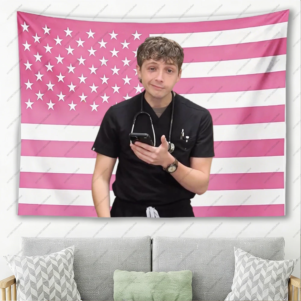 The P-Pitt  Pink US Flag Tapestry Funny Viral Doctor Guy Wall Hanging Dorm Y2K Room Decor Polyester