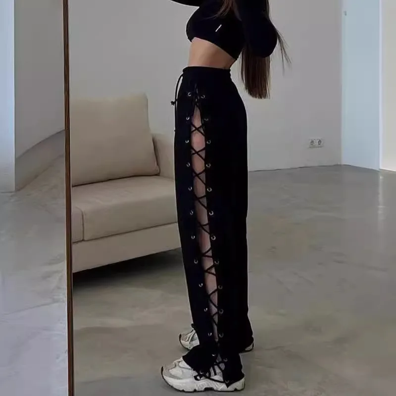 2026 Women's Pants Street Slim Fit Side Slit Chicken Eye Strap Hollow Out Versatile Wide Leg Pants